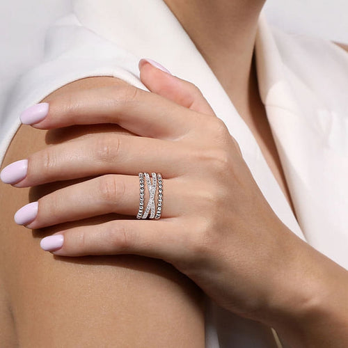 925 Sterling Silver White Sapphire Bujukan Criss Cross Ladies Ring - LR52537SVJWS-Gabriel & Co.-Renee Taylor Gallery