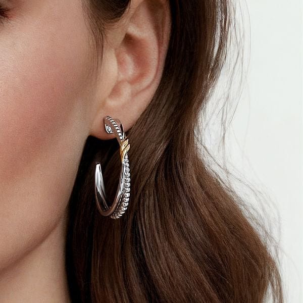 925 Sterling Silver and 14K Yellow Gold Bujukan Criss Cross J Hoop Earrings - EG15297MZJJJ-Gabriel & Co.-Renee Taylor Gallery