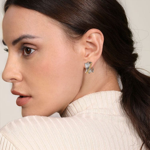 925 Sterling Silver and 14K Yellow Gold Bujukan Cross J Hoop Earrings - EG15298MZJJJ-Gabriel & Co.-Renee Taylor Gallery