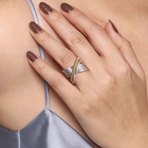 925 Sterling Silver and 14K Yellow Gold Bujukan Criss Cross Ring - LR52761MZJJJ-Gabriel & Co.-Renee Taylor Gallery