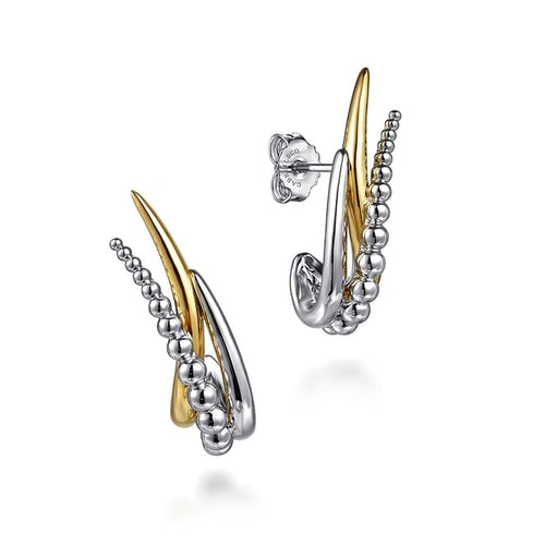 925 Sterling Silver and 14K Yellow Gold Bujukan Criss Cross Spiked J Hoop Earrings - EG15290MZJJJ-Gabriel & Co.-Renee Taylor Gallery