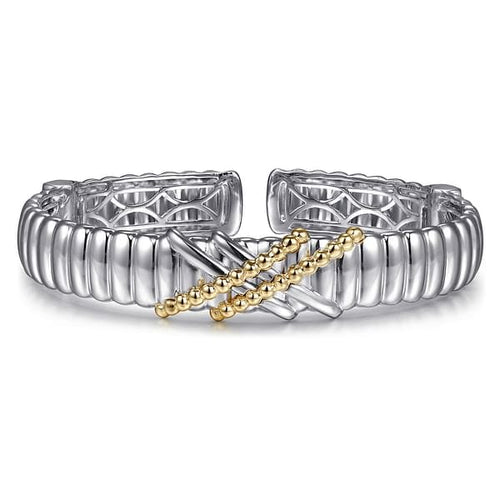 925 Sterling Silver and 14K Yellow Gold Bujukan Shrimp Cross Cross Bangle Bracelet - BG5045-62MZJJJ-Gabriel & Co.-Renee Taylor Gallery