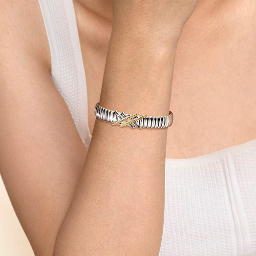 925 Sterling Silver and 14K Yellow Gold Bujukan Shrimp Cross Cross Bangle Bracelet - BG5045-62MZJJJ-Gabriel & Co.-Renee Taylor Gallery