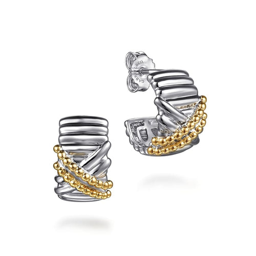925 Sterling Silver and 14K Yellow Gold Bujukan Shrimp Cross Cross J Hoop Earrings - EG15291MZJJJ-Gabriel & Co.-Renee Taylor Gallery