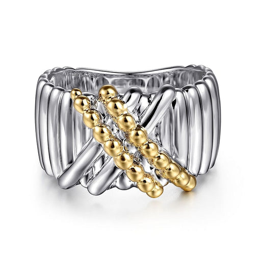 925 Sterling Silver and 14K Yellow Gold Bujukan Shrimp Criss-Cross Ring - LR52758MZJJJ-Gabriel & Co.-Renee Taylor Gallery