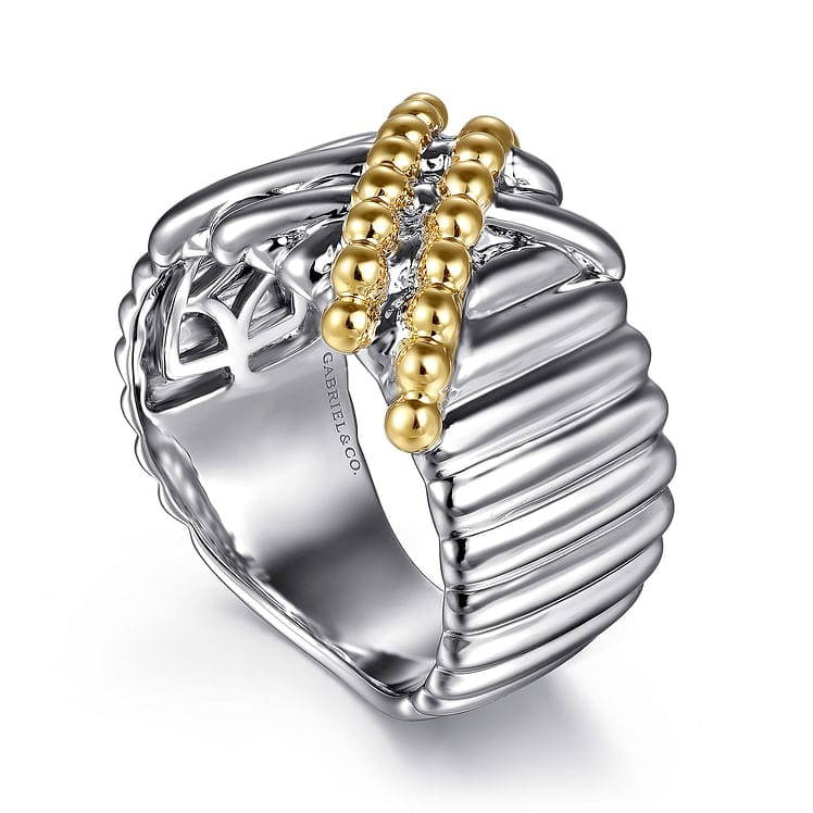 925 Sterling Silver and 14K Yellow Gold Bujukan Shrimp Criss-Cross Ring - LR52758MZJJJ-Gabriel & Co.-Renee Taylor Gallery