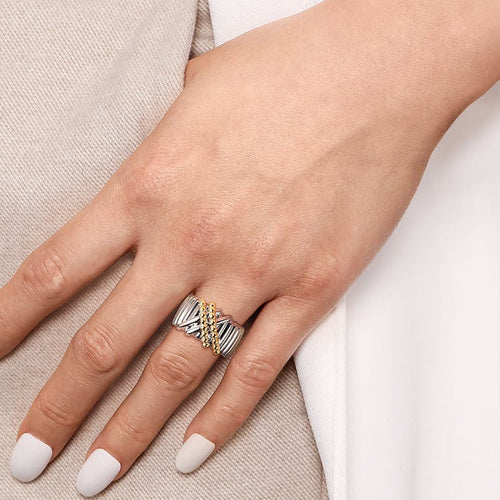925 Sterling Silver and 14K Yellow Gold Bujukan Shrimp Criss-Cross Ring - LR52758MZJJJ-Gabriel & Co.-Renee Taylor Gallery