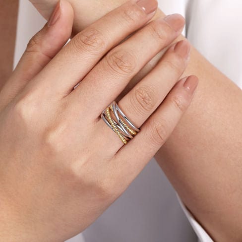 925 Sterling Silver & 14K Yellow Gold Criss-Cross Ring - LR52133MZJJJ-Gabriel & Co.-Renee Taylor Gallery