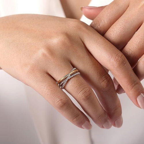 925 Sterling Silver and 14K Yellow Gold Criss Cross Ring - LR52135MZJJJ-Gabriel & Co.-Renee Taylor Gallery