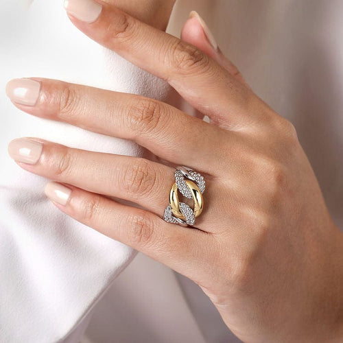 925 Sterling Silver and 14K Yellow Gold Link Ring - LR52136MZJJJ-Gabriel & Co.-Renee Taylor Gallery