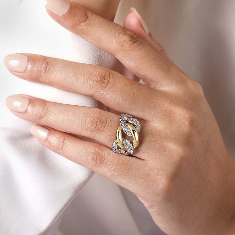 925 Sterling Silver and 14K Yellow Gold Link Ring - LR52136MZJJJ-Gabriel & Co.-Renee Taylor Gallery