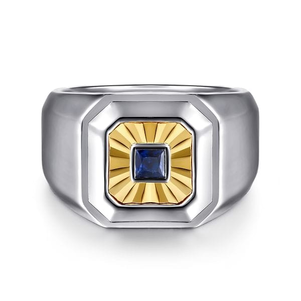 925 Sterling Silver and 14K Yellow Gold Sapphire Signet Ring - MR20154MZJSB-Gabriel & Co.-Renee Taylor Gallery