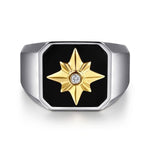 925 Sterling Silver and 14K Yellow Gold Starburst Men's Signet Ring - MR20153MZ5OX-Gabriel & Co.-Renee Taylor Gallery