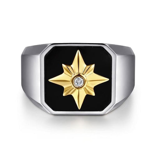 925 Sterling Silver and 14K Yellow Gold Starburst Men's Signet Ring - MR20153MZ5OX-Gabriel & Co.-Renee Taylor Gallery