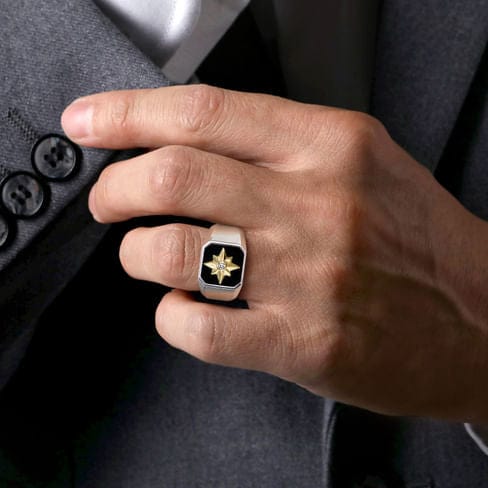 925 Sterling Silver and 14K Yellow Gold Starburst Men's Signet Ring - MR20153MZ5OX-Gabriel & Co.-Renee Taylor Gallery