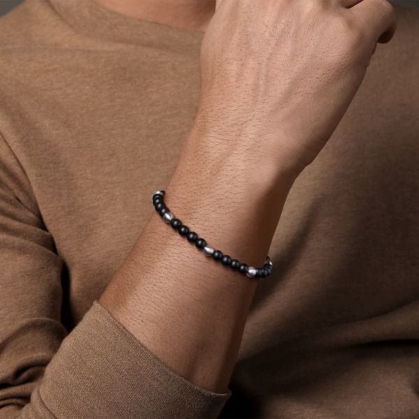 925 Sterling Silver and 6mm Black Titanium Sandblast Men's Beaded Bracelet - TBM2214TISVJJJ-Gabriel & Co.-Renee Taylor Gallery