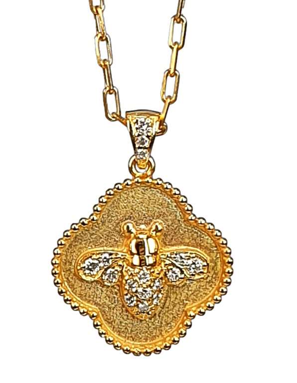14K Gold Diamond Bee Pendant on Textured Clover Medallion - M9509-Marika-Renee Taylor Gallery