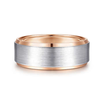 14K White-Rose Gold 8mm - Two Tone Beveled Edge Men's Wedding Band in Satin Finish - MBH0120-80T4JJJ-Gabriel & Co.-Renee Taylor Gallery