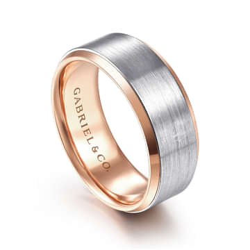 14K White-Rose Gold 8mm - Two Tone Beveled Edge Men's Wedding Band in Satin Finish - MBH0120-80T4JJJ-Gabriel & Co.-Renee Taylor Gallery