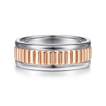 14K White-Rose Gold 8mm - Two Tone Carved Men's Wedding Band in High Polish Finish - MBH0117-80T4JJJ-Gabriel & Co.-Renee Taylor Gallery