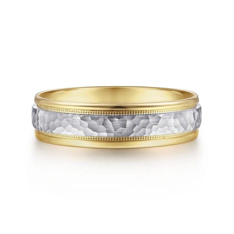 14K White-Yellow Gold 6mm - Two Tone Hammered Men's Wedding Band with Milgrain Edge - MBM0176-60M4JJJ-Gabriel & Co.-Renee Taylor Gallery
