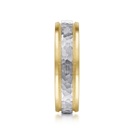 14K White-Yellow Gold 6mm - Two Tone Hammered Men's Wedding Band with Milgrain Edge - MBM0176-60M4JJJ-Gabriel & Co.-Renee Taylor Gallery