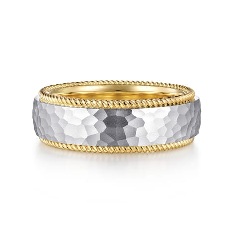 14K White-Yellow Gold 8mm - Two Tone Men's Wedding Band in Hammered Finish - MBH0189-80M4JJJ-Gabriel & Co.-Renee Taylor Gallery