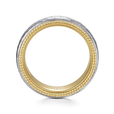 14K White-Yellow Gold 8mm - Two Tone Men's Wedding Band in Hammered Finish - MBH0189-80M4JJJ-Gabriel & Co.-Renee Taylor Gallery