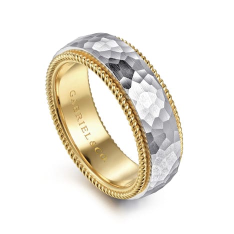 14K White-Yellow Gold 8mm - Two Tone Men's Wedding Band in Hammered Finish - MBH0189-80M4JJJ-Gabriel & Co.-Renee Taylor Gallery