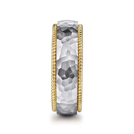 14K White-Yellow Gold 8mm - Two Tone Men's Wedding Band in Hammered Finish - MBH0189-80M4JJJ-Gabriel & Co.-Renee Taylor Gallery