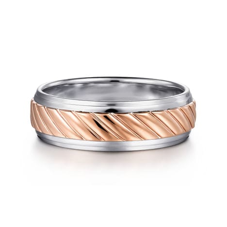 14K White-Rose Gold 7mm - Two Tone Carved Men's Wedding Band - MBM0206-70T4JJJ-Gabriel & Co.-Renee Taylor Gallery