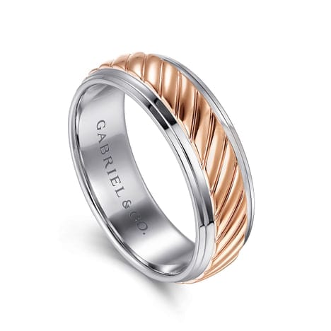 14K White-Rose Gold 7mm - Two Tone Carved Men's Wedding Band - MBM0206-70T4JJJ-Gabriel & Co.-Renee Taylor Gallery