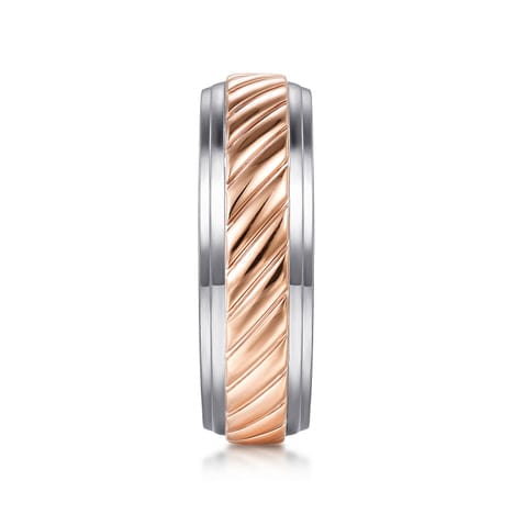 14K White-Rose Gold 7mm - Two Tone Carved Men's Wedding Band - MBM0206-70T4JJJ-Gabriel & Co.-Renee Taylor Gallery