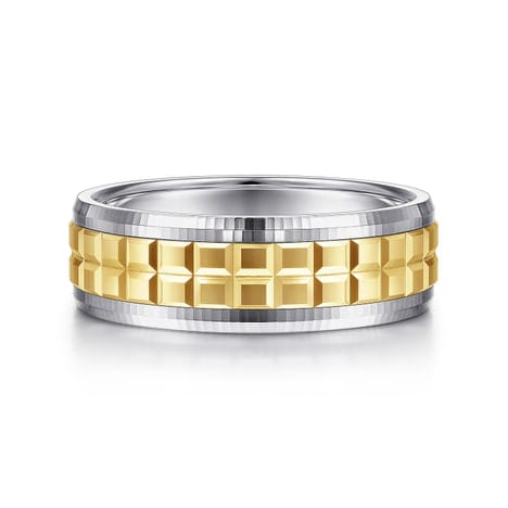 14K White-Yellow Gold 7mm - Two Tone Square Inlay Men's Wedding Band - MBM0162-70M4JJJ-Gabriel & Co.-Renee Taylor Gallery