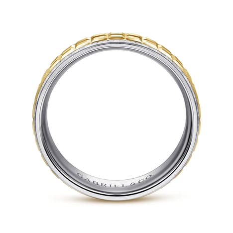 14K White-Yellow Gold 7mm - Two Tone Square Inlay Men's Wedding Band - MBM0162-70M4JJJ-Gabriel & Co.-Renee Taylor Gallery