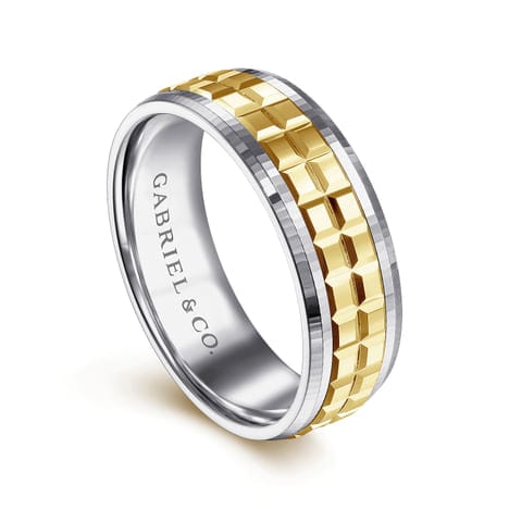 14K White-Yellow Gold 7mm - Two Tone Square Inlay Men's Wedding Band - MBM0162-70M4JJJ-Gabriel & Co.-Renee Taylor Gallery