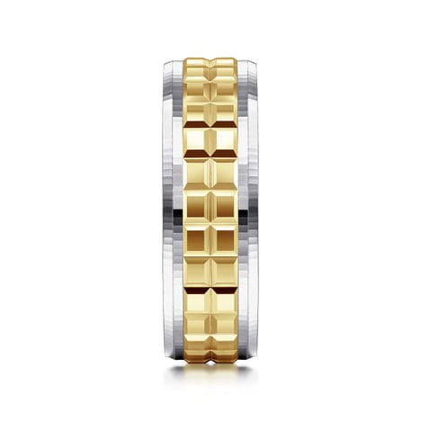14K White-Yellow Gold 7mm - Two Tone Square Inlay Men's Wedding Band - MBM0162-70M4JJJ-Gabriel & Co.-Renee Taylor Gallery