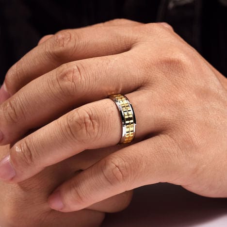 14K White-Yellow Gold 7mm - Two Tone Square Inlay Men's Wedding Band - MBM0162-70M4JJJ-Gabriel & Co.-Renee Taylor Gallery