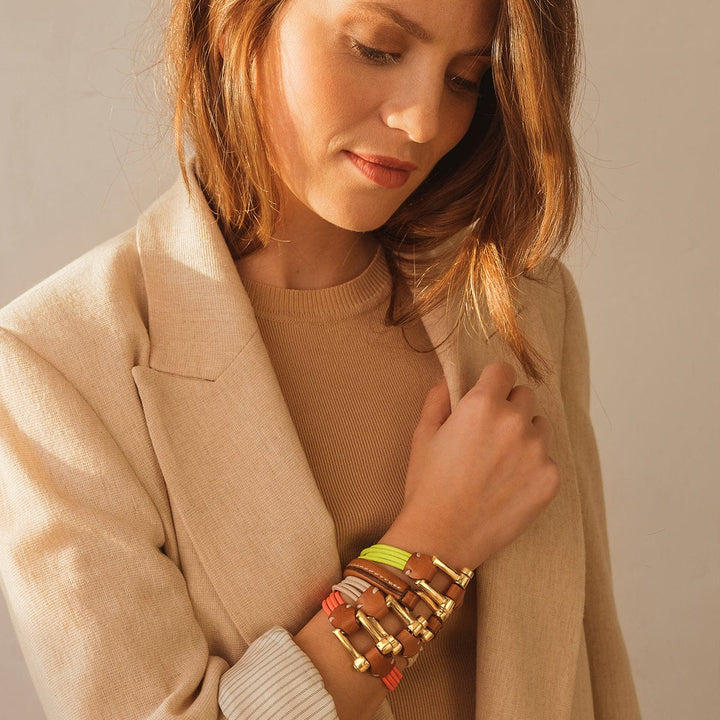 Elastic Shackle Bracelet - Gold Plated, Beige Elastic Cord - B0150 OCB05-CXC-Renee Taylor Gallery