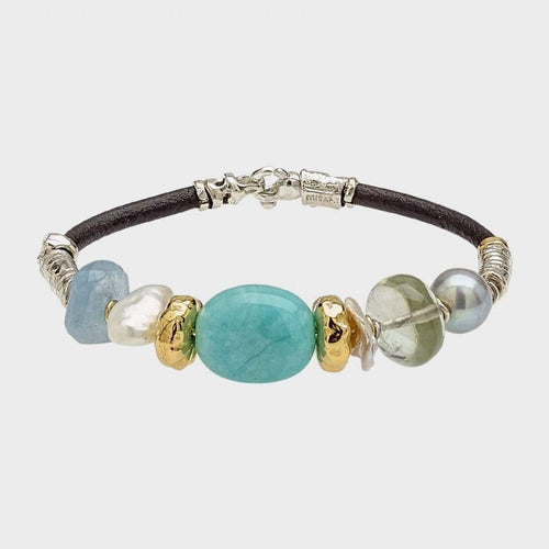 3mm Leather Bracelet with Handmade 18K Gold Elements, Silver, Freshwater Pearls, Semi-precious Stones-Misani Milano-Renee Taylor Gallery