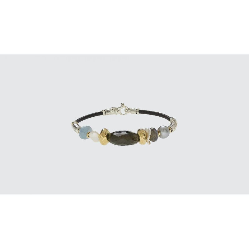 3mm Leather Bracelet with Handmade 18K Gold Elements, Silver, Freshwater Pearls, Semi-precious Stones - B1046-Misani Milano-Renee Taylor Gallery