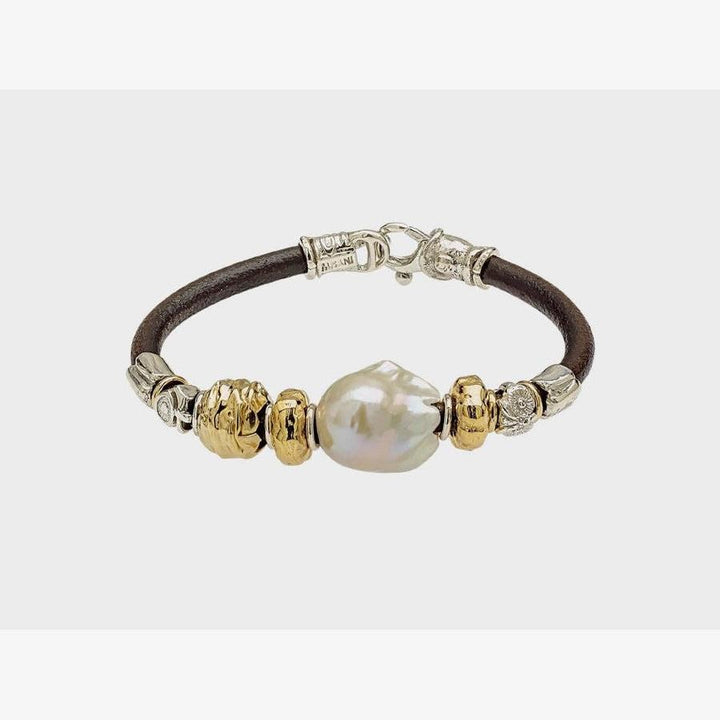 Leather Bracelet w/ Gold Elements, Silver and Baroque Pearl - B2003-Misani Milano-Renee Taylor Gallery