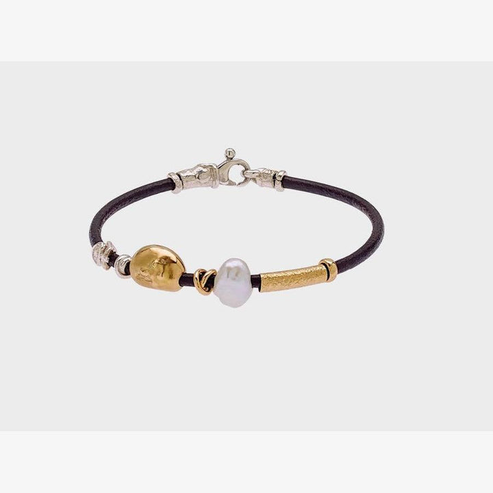 Leather Bracelet with Gold Elements, Silver & Freshwater Pearl - B2019-Misani Milano-Renee Taylor Gallery