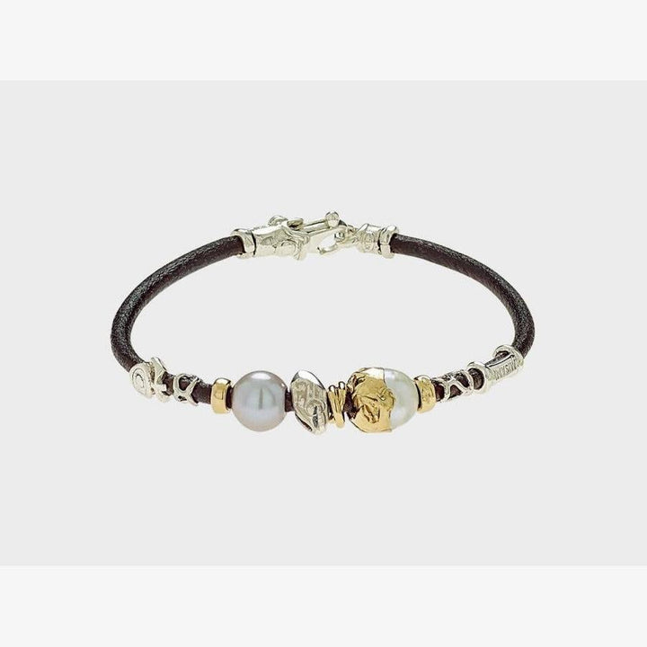 Leather Bracelet with Gold Elements , Silver and Freshwater Pearl - B2050-Misani Milano-Renee Taylor Gallery