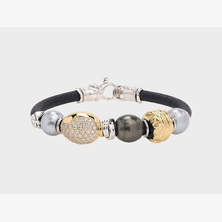 5mm Leather Bracelet with Hammered Gold, Silver, Grey Pearl, Black Tahitian Pearl, and Diamond Pavé - B2109-Misani Milano-Renee Taylor Gallery