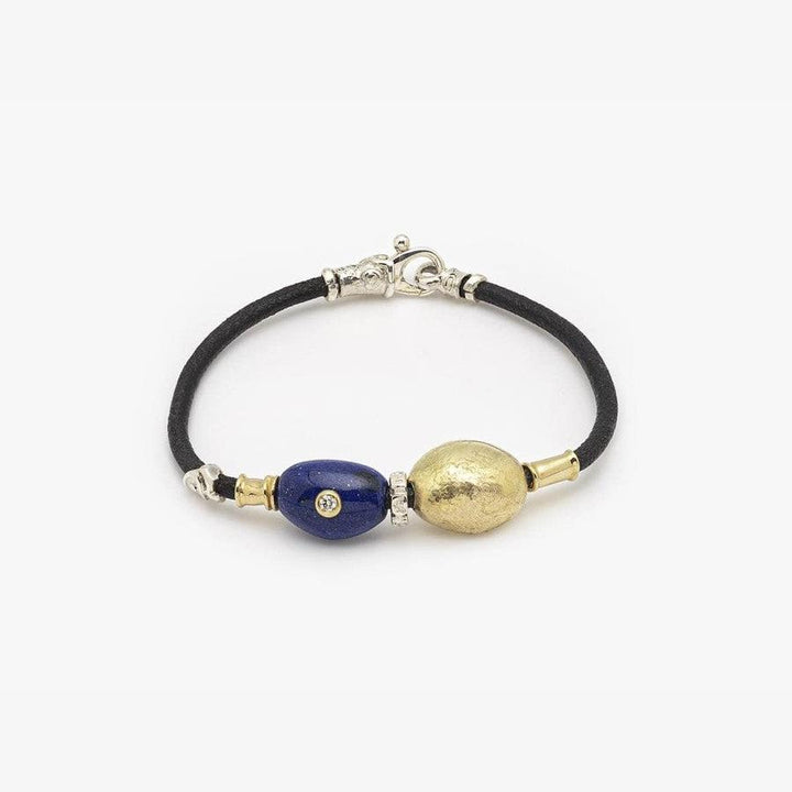 Leather 3mm bracelet with handmade gold elements, lapis and diamonds - B2134LA-Misani Milano-Renee Taylor Gallery