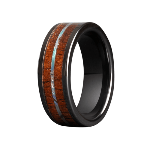 8mm Black Ceramic High-Polish Flat Ring with Koa Wood and Abalone Inlays – K8BC101:(KOA4/ABA1)-Heavy Stone-Renee Taylor Gallery