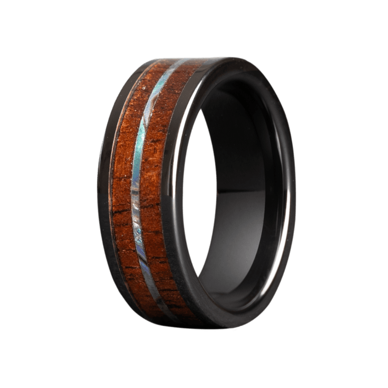 8mm Black Ceramic High-Polish Flat Ring with Koa Wood and Abalone Inlays – K8BC101:(KOA4/ABA1)-Heavy Stone-Renee Taylor Gallery