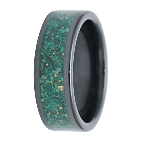 8mm Black Ceramic Polished Flat Ring with Crushed Malachite and Gold Leaf Inlay – K8BC101:MAL5+GL-Heavy Stone-Renee Taylor Gallery