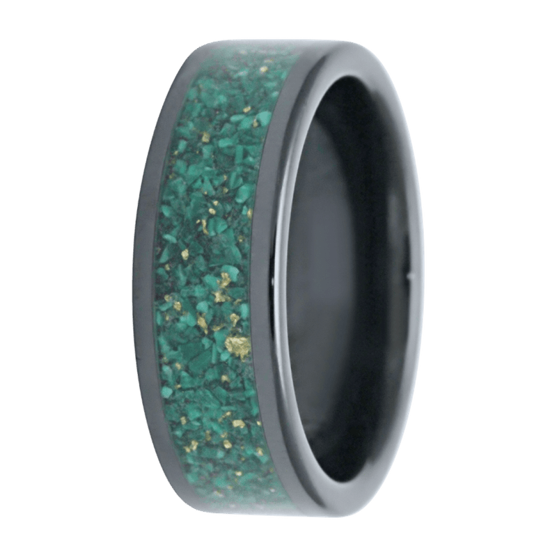 8mm Black Ceramic Polished Flat Ring with Crushed Malachite and Gold Leaf Inlay – K8BC101:MAL5+GL-Heavy Stone-Renee Taylor Gallery